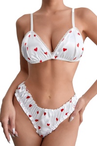 Lenjerie sexy dama, set 2 piese, sutien cupe triunghiulare si chilot decupaj clasic croi ingust, model romantic cu inimioare, alb