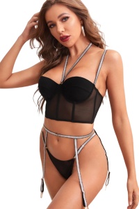 Lenjerie sexy dama, set 3 piese, sutien tip bustiera, portjartiere si chilot tanga, model minimalist cu bretele subtiri, negru