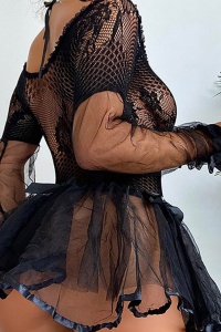 Lenjerie sexy dama, tip rochie scurta cu maneci lungi transparente si volum in partea de jos, model barbie girl, neagra - Img 2