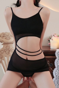 Lenjerie sexy, set 2 piese, rochie scurta mulata, cu decupaj adanc la spate si abdomen, model senzual, tematica touch me, negru - Img 4