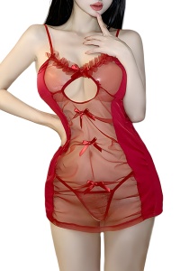 Lenjerie sexy, set 2 piese, rochie semitransparenta si chilot decupaj tanga, model provocator, tematica love me, rosu