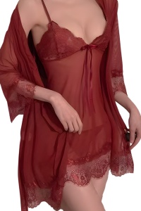 Lenjerie sexy, set 3 piese, rochie semitransparenta, chilot decupaj tanga si cover tip halat cu cordon, model delicat si senzual, tematica hot night, rosu