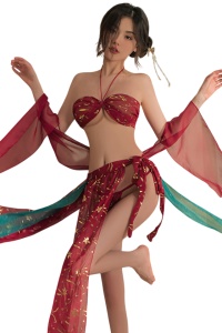 Lenjerie sexy, set 3 piese, sutien cu prindere dupa gat, fusta lunga cu crapaturi si esarfa, model semitransparent, tematica jocuri erotice, rosu
