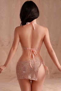 Lenjerie sexy, set 3 piese, top tip bustiera si fusta scurta prindere pe o parte tip corset, aplicatii paiete, model senzual, tematica hot party girl, roz - Img 2