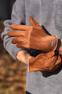 Manusi barbati, model clasic, cusaturi pronuntate, delatiu de contrast la manseta, tematica fashion winter, marime universala, maro - Img 3