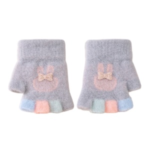 Manusi copii, model cu degetele dezgolite colorate, imprimeu iepuras cu fundita, tematica fashion winter, unisex, marime 1 – 3 ani, gri