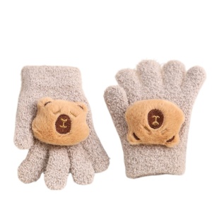 Manusi copii, model pufos cu manseta elastica, accesorizate cu figurine hazlii, tematica happy day, unisex, marime 6 – 10 ani, maro