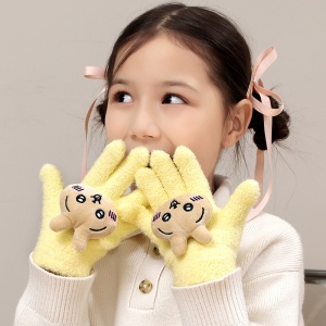 Manusi copii, model pufos cu manseta elastica, accesorizate cu figurine hazlii, tematica happy day, unisex, marime 6 – 10 ani, galbene deschis - Img 2