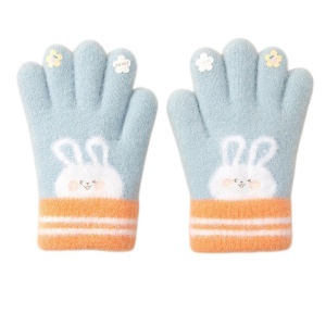 Manusi copii, model pufos cu manseta elastica, accesorizate cu iepuras si floricele, tematica happy bunny, unisex, marime 3 – 5 ani, albastru deschis