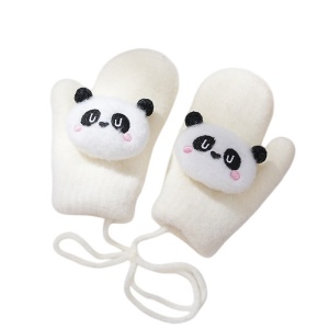 Manusi copii, model pufos cu un singur degetel si snur, manseta elastica, accesorizate cu ursuleti, tematica panda mania, unisex, marime 2 – 8 ani, albe