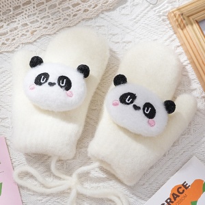 Manusi copii, model pufos cu un singur degetel si snur, manseta elastica, accesorizate cu ursuleti, tematica panda mania, unisex, marime 2 – 8 ani, albe - Img 3
