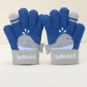 Manusi copii, model vesel cu balenuta, manseta elastica si detalii de contrast pe degete, tematica happy whale, unisex, marime 3 – 5 ani, albastru inchis cu gri - Img 3