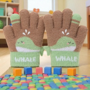 Manusi copii, model vesel cu balenuta, manseta elastica si detalii de contrast pe degete, tematica happy whale, unisex, marime 3 – 5 ani, maro cu verde - Img 2
