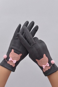 Manusi dama, model delicat cu pisica, accesorizat cu pom pom mic si fundita, tematica fashion cat, marime universala, gri - Img 2