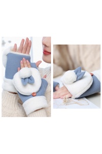Manusi dama si adolescente, model cu degete dezgolite, capac prindere cu nasturel, accesorizate cu urechiuse si codita de iepuras, tematica winter bunny, marime universala, albastre - Img 3