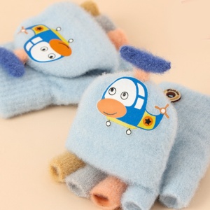 Manusi pentru copii, model cu degetele colorate descoperite si capac decapotabil, prindere cu nasturel, accesorizate cu elicopter haios, tematica let's play, unisex, marime 3 – 5 ani, albastru deschis - Img 2