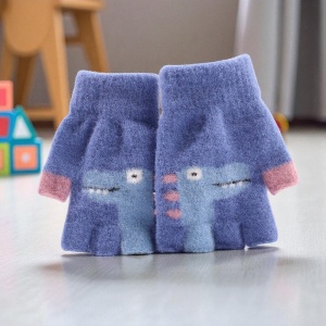 Manusi pentru copii, model cu degetele descoperite, imprimeu cu dinozaur, detalii de contrast, tematica funny dino, unisex, marime 4 – 8 ani, albastru inchis - Img 3