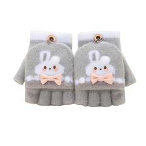 Manusi pentru copii, model cu degetele descoperite si capac decapotabil, prindere cu nasturel, accesorizate cu iepuras fashion, tematica winter style, unisex, marime 3 – 5 ani, gri