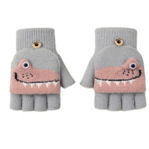 Manusi pentru copii, model cu degetele descoperite si capac decapotabil, prindere cu nasturel, accesorizate cu dinozauri, tematica sweet little monster, baieti, marime 7 – 9 ani, gri deschis