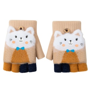 Manusi pentru copii, model cu degetele descoperite si capac decapotabil, prindere cu nasturel, accesorizate cu pisicute fashion, tematica I love cats, unisex, marime 7 – 9 ani, bej