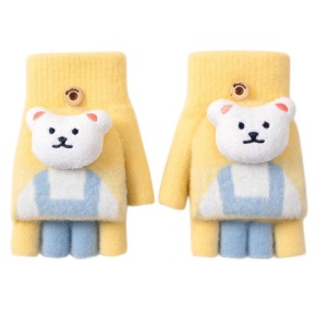 Manusi pentru copii, model cu degetele descoperite si capac decapotabil, prindere cu nasturel, accesorizate cu ursulet, tematica little bear, unisex, marime 7 – 12 ani, galbene
