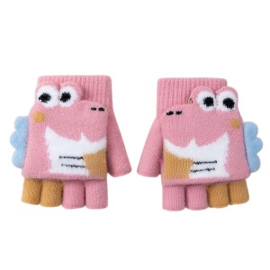 Manusi pentru copii, model cu degetele descoperite si capac decapotabil, accesorizate cu dinozauri, tematica happy winter, unisex, marime 9 – 12 ani, roz