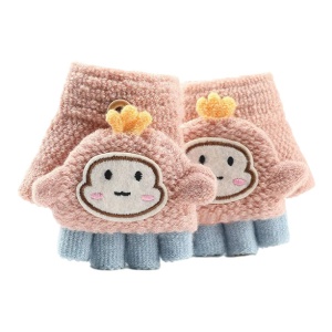 Manusi pentru copii, model cu degetele descoperite si capac decapotabil, prindere cu nasturel, accesorizate cu figurina haioasa, manseta elastica, tematica happy moments, marime 1 – 3 ani, roz deschis