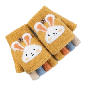 Manusi pentru copii, model cu degetele descoperite si capac decapotabil, prindere cu nasturel, accesorizate cu iepuras, manseta elastica, tematica cute bunny, marime 6 – 12 ani, mustar
