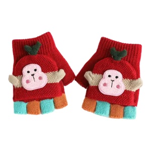 Manusi pentru copii, model cu degetele descoperite si capac decapotabil, prindere cu nasturel, accesorizate cu maimutica haioasa, manseta elastica, tematica happy winter, marime 3 – 6 ani, rosii