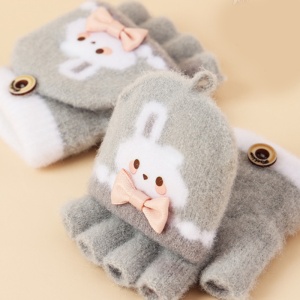 Manusi pentru copii, model cu degetele descoperite si capac decapotabil, prindere cu nasturel, accesorizate cu iepuras fashion, tematica winter style, unisex, marime 3 – 5 ani, gri - Img 2