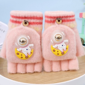 Manusi pentru copii, model cu degetele descoperite si capac decapotabil, prindere cu nasturel, accesorizate cu astronaut, tematica funny day, unisex, marime 4 – 10 ani, roz - Img 4