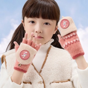 Manusi pentru copii, model cu degetele descoperite si capac decapotabil, prindere cu nasturel, accesorizate cu figurine vesele, tematica happy time, unisex, marime 7 – 12 ani, portocaliu cu bej - Img 2