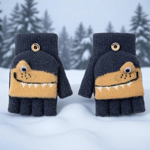 Manusi pentru copii, model cu degetele descoperite si capac decapotabil, prindere cu nasturel, accesorizate cu dinozauri, tematica sweet little monster, baieti, marime 7 – 9 ani, gri inchis cu galben - Img 3