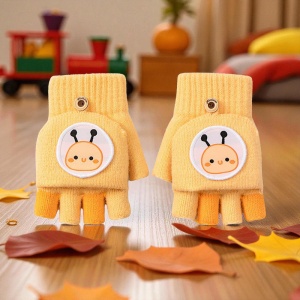 Manusi pentru copii, model cu degetele descoperite si capac decapotabil, prindere cu nasturel, accesorizate cu figurine vesele, tematica happy day, unisex, marime 9 – 12 ani, galbene - Img 3