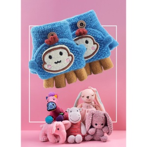 Manusi pentru copii, model cu degetele descoperite si capac decapotabil, prindere cu nasturel, accesorizate cu figurina haioasa, manseta elastica, tematica happy moments, marime 1 – 3 ani, albastre - Img 2