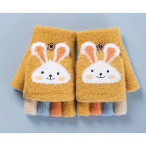 Manusi pentru copii, model cu degetele descoperite si capac decapotabil, prindere cu nasturel, accesorizate cu iepuras, manseta elastica, tematica cute bunny, marime 6 – 12 ani, mustar - Img 2