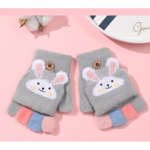 Manusi pentru copii, model cu degetele descoperite si capac decapotabil, prindere cu nasturel, accesorizate cu iepuras, manseta elastica, tematica cute bunny, marime 6 – 12 ani, gri - Img 3