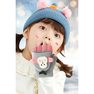 Manusi pentru copii, model cu degetele descoperite si capac decapotabil, prindere cu nasturel, accesorizate cu maimutica haioasa, manseta elastica, tematica happy winter, marime 3 – 6 ani, gri - Img 2