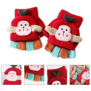Manusi pentru copii, model cu degetele descoperite si capac decapotabil, prindere cu nasturel, accesorizate cu maimutica haioasa, manseta elastica, tematica happy winter, marime 3 – 6 ani, rosii - Img 3