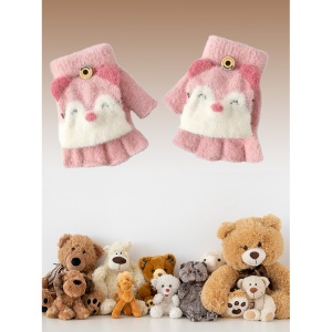 Manusi pentru copii, model cu degetele descoperite si capac decapotabil prindere cu nasture, manseta elastica, accesorizate cu puisor vesel, tematica happy winter, marime 1 – 5 ani, roz - Img 3