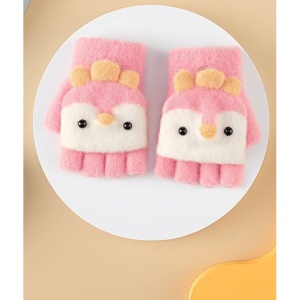 Manusi pentru copii, model cu degetele descoperite si capac decapotabil, accesorizate cu pinguini poznasi, tematica happy feet, marime 1 – 5 ani, roz inchis - Img 2