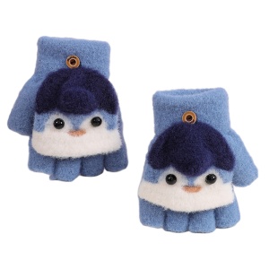 Manusi pentru copii, model cu degetele descoperite si capac decapotabil, prindere cu nasturel, accesorizate cu pinguin simpatic, tematica happy feet, unisex, marime 6 – 24 luni, albastru deschis