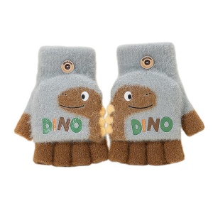 Manusi pentru copii, model cu degetele descoperite si capac decapotabil, prindere cu nasturel, accesorizate cu dinozaur, tematica crazy dino, unisex, marime 3 – 5 ani, gri