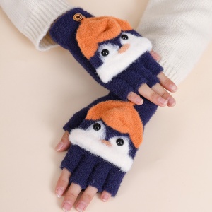 Manusi pentru copii, model cu degetele descoperite si capac decapotabil, prindere cu nasturel, accesorizate cu pinguin simpatic, tematica happy feet, unisex, marime 6 – 24 luni, albastru inchis - Img 4