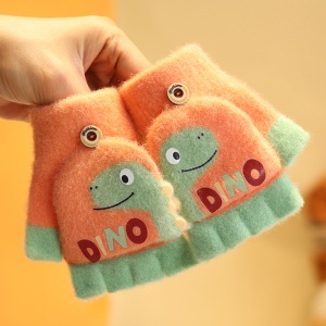 Manusi pentru copii, model cu degetele descoperite si capac decapotabil, prindere cu nasturel, accesorizate cu dinozaur, tematica crazy dino, unisex, marime 3 – 5 ani, portocalii - Img 4