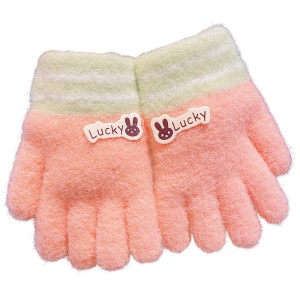 Manusi pentru copii, model pufos si vesel, manseta elastica cu detalii de contrast, tematica lucky bunny, unisex, marime 3 – 8 ani, piersica