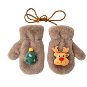 Manusi pentru copii, model super dragalas, moale si pufos, prinse cu snur intre ele, accesorizate cu figurine cute, tematica winter happy baby, 2 - 6 ani, maro