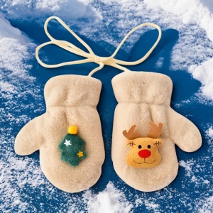 Manusi pentru copii, model super dragalas, moale si pufos, prinse cu snur intre ele, accesorizate cu figurine cute, tematica winter happy baby, 2 - 6 ani, bej - Img 3