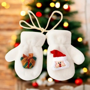 Manusi pentru copii, model super dragalas, moale si pufos, prinse cu snur intre ele, accesorizate cu figurine cute, tematica winter happy baby, 2 - 6 ani, albe - Img 4