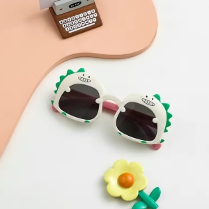 Ochelari de soare pentru copii, unisex, model cu dinozaur prietenos, tematica dino world, marime universala, bej - Img 2